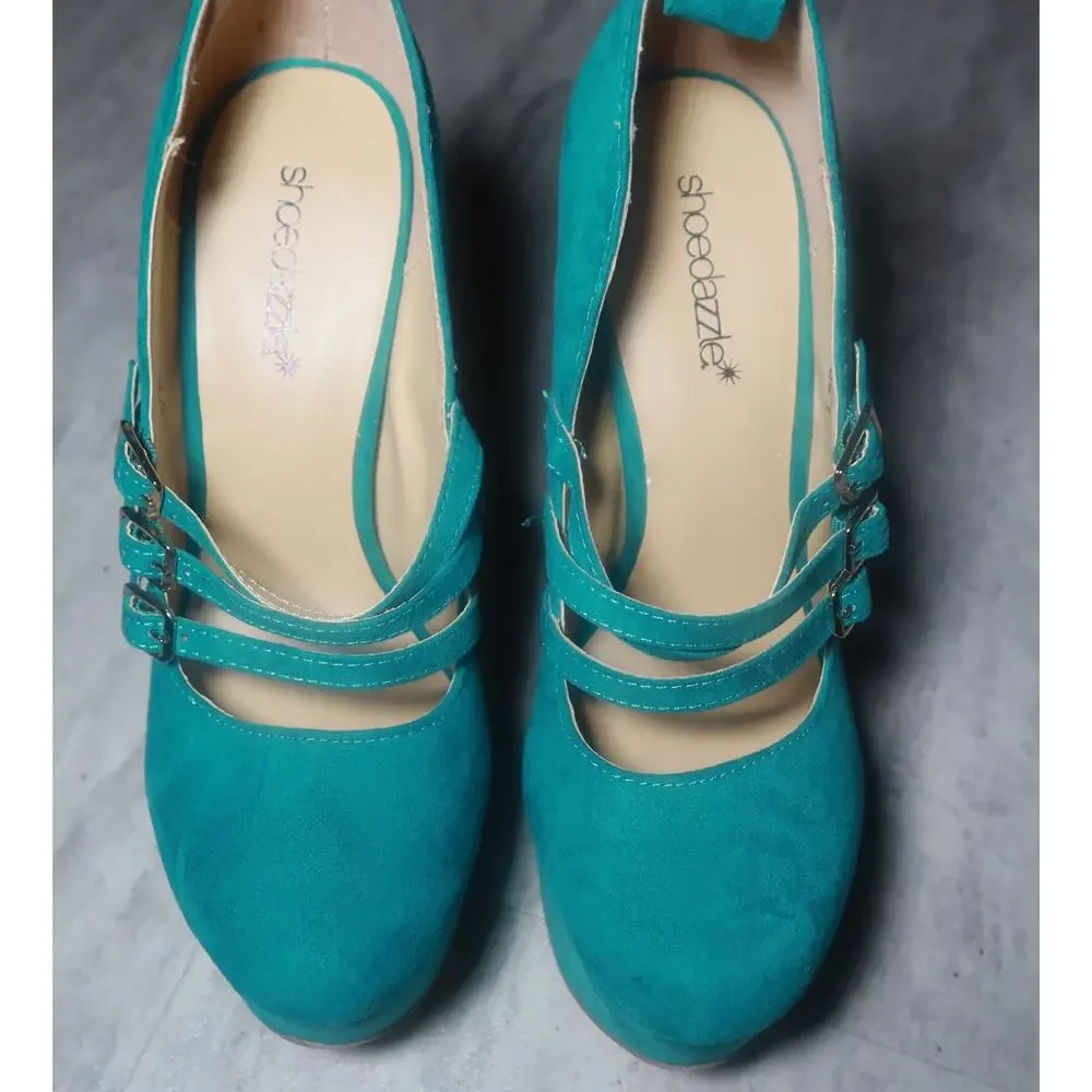 Y2K Teal Platform Heels Triple Buckle Pumps